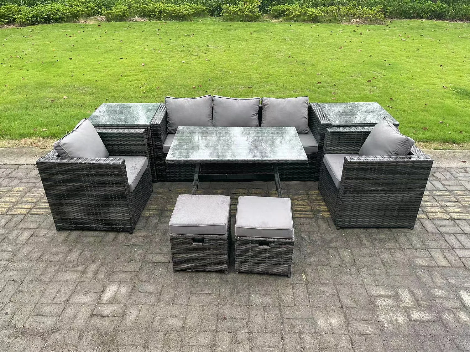 Salon de Jardin en Résine Tressée avec Table à manger 2 Fauteuil 2 Tables d'appoint 2 Petits tabourets Gris foncé mixte