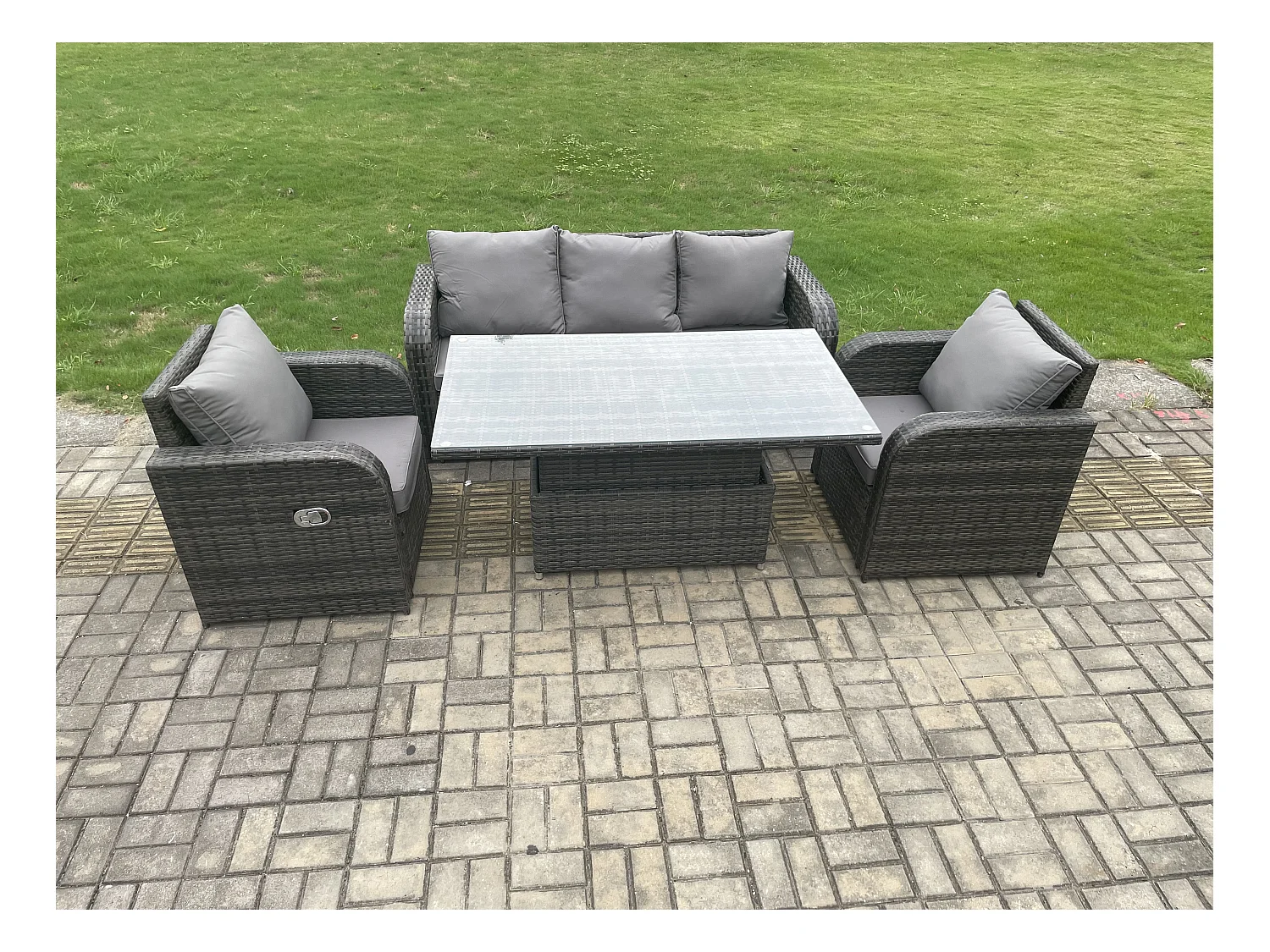 Ensemble de meubles de jardin en polyrotin avec Table à manger réglable en hauteur Canapé Chaise inclinable Gris foncé mixte