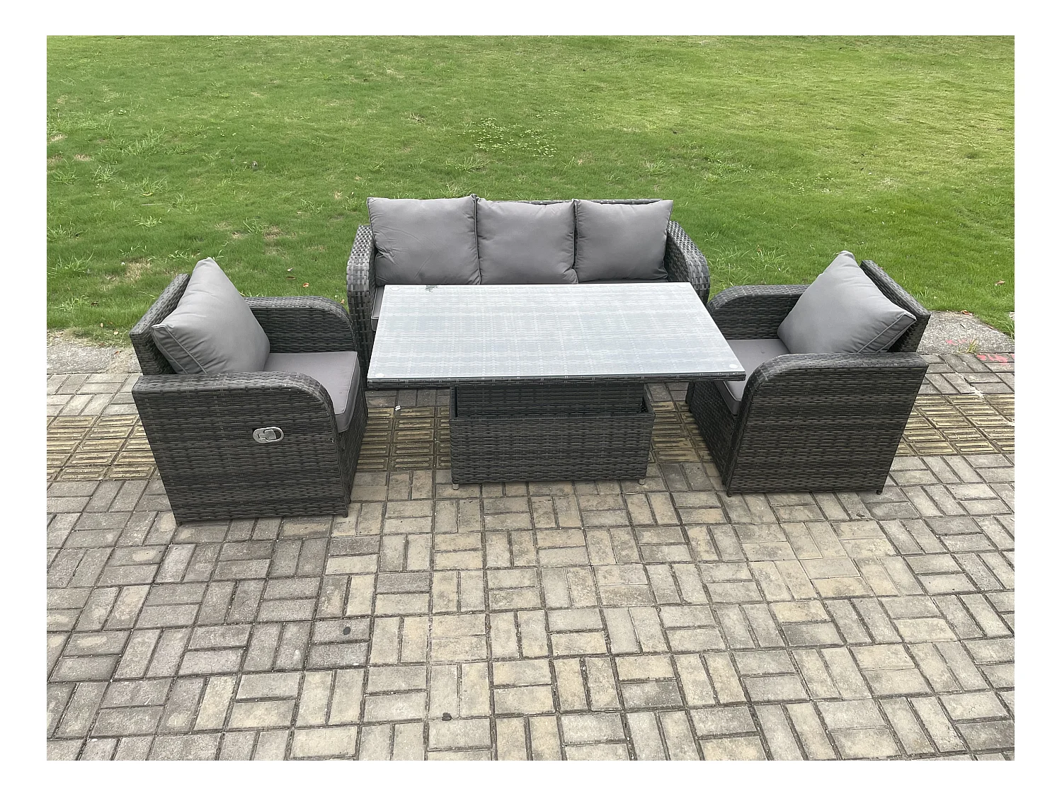 Ensemble de meubles de jardin en polyrotin avec Table à manger réglable en hauteur Canapé Chaise inclinable Gris foncé mixte