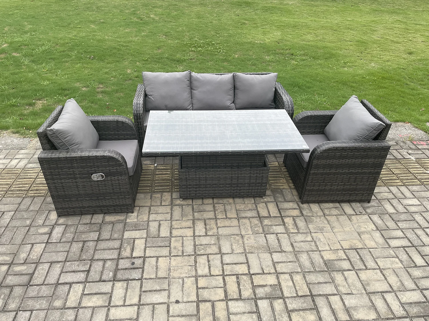 Ensemble de meubles de jardin en polyrotin avec Table à manger réglable en hauteur Canapé Chaise inclinable Gris foncé mixte