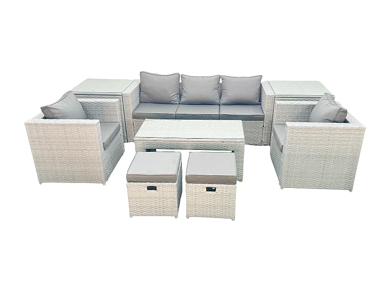 Polyrattan Gartenmöbel Set 7-Sitzer Outdoor Garten Sofa Rechteckiger Couchtisch Set mit 2 Sesseln 2 Hockern 2 Beistelltischen Hellgrau gemischt
