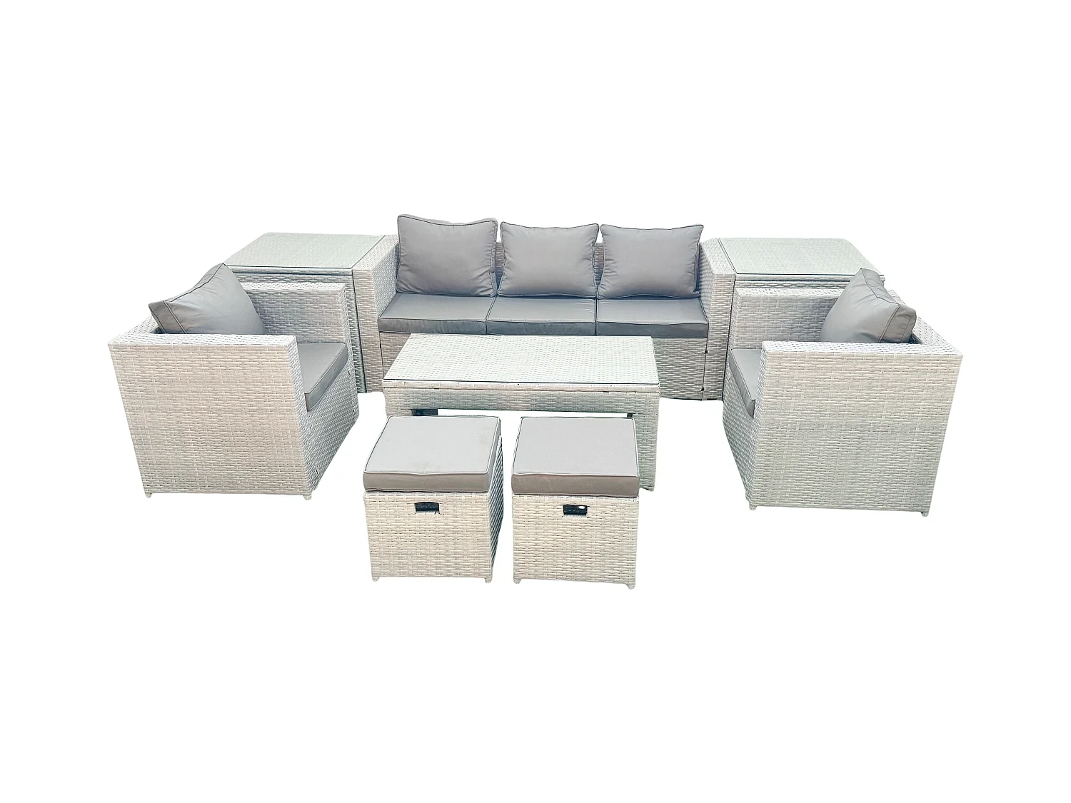 Polyrattan Gartenmöbel Set 7-Sitzer Outdoor Garten Sofa Rechteckiger Couchtisch Set mit 2 Sesseln 2 Hockern 2 Beistelltischen Hellgrau gemischt