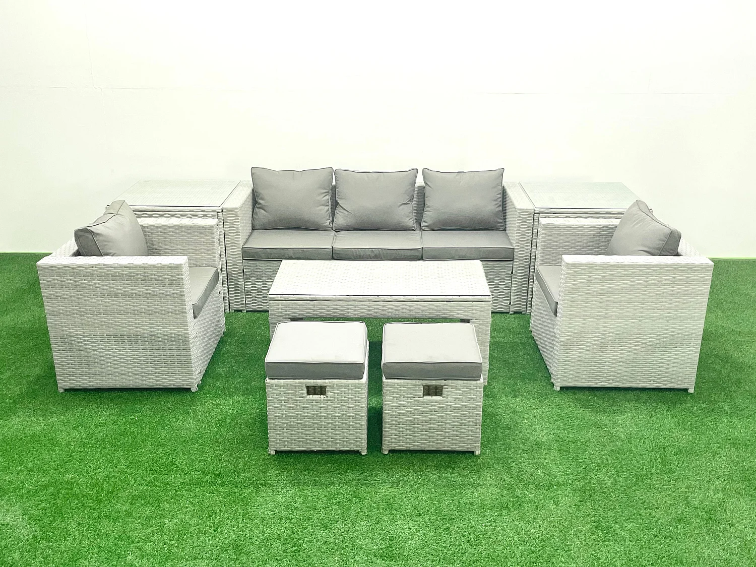Salon de jardin 7 places Canapé de jardin Table basse oblongue avec 2 Chaises 2 Stools 2 Tables d'appoint Gris clair mixte