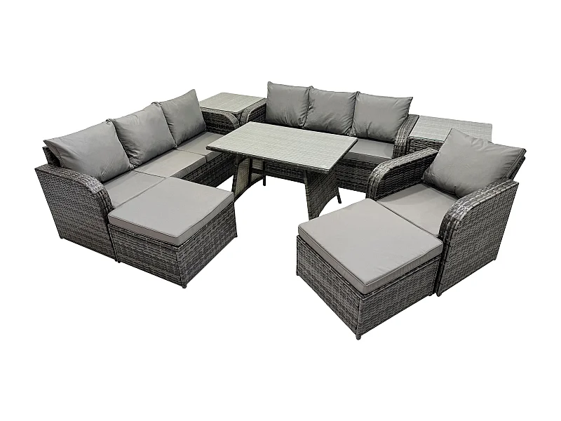 8 Pièces Ensemble de meubles de jardin en polyrotin avec Table à manger rectangulaire Fauteuil 2 Grand tabourets 2 Tables d'appoint Gris foncé mixte