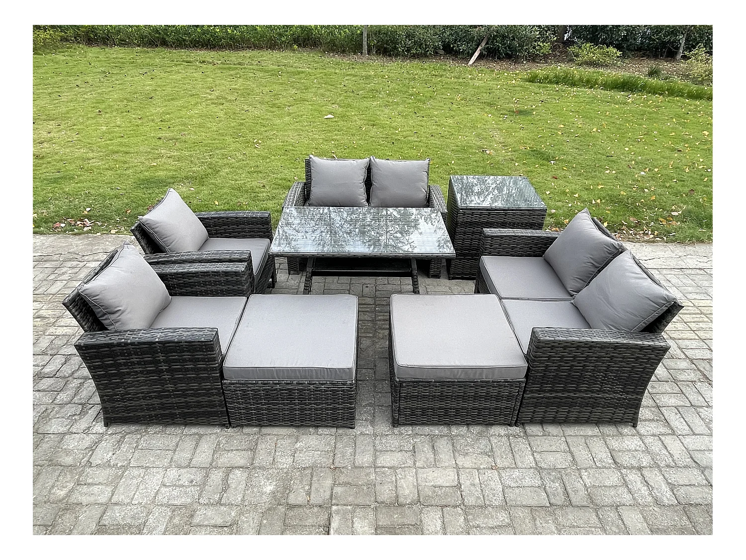 8 Pièces Ensemble de canapé en rotin extérieur avec 2 Grand tabourets Table d'appoint Gris foncé mixte