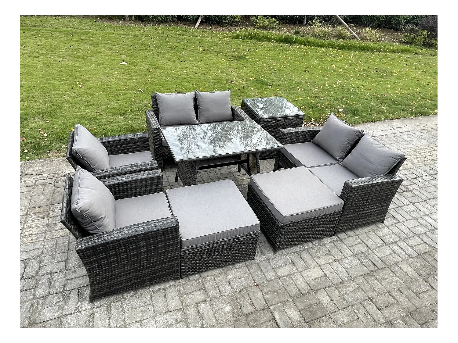 8 Pièces Ensemble de canapé en rotin extérieur avec 2 Grand tabourets Table d'appoint Gris foncé mixte