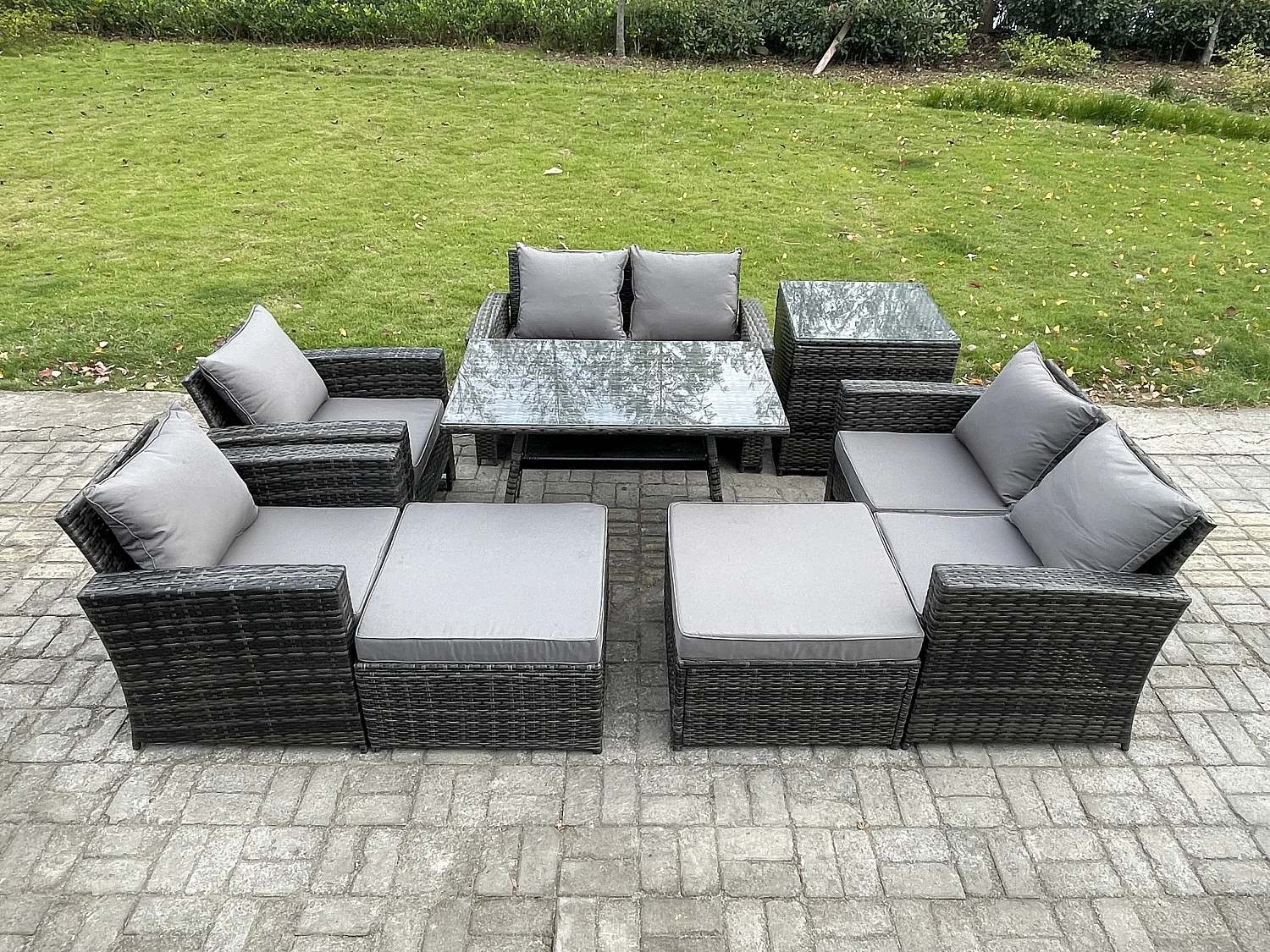 8 Pièces Ensemble de canapé en rotin extérieur avec 2 Grand tabourets Table d'appoint Gris foncé mixte