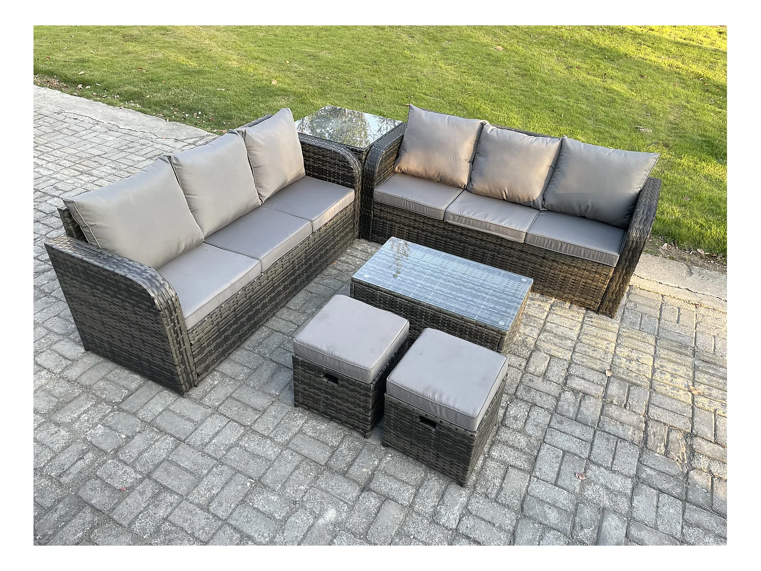 Gartenmöbel-Sets 8-Sitzer Polyrattan Möbel Sofa Sets mit Rechteckiger Couchtisch 3-Sitzer Sofa Beistelltisch 2 kleine Fußhockern Dunkelgrau Gemischt