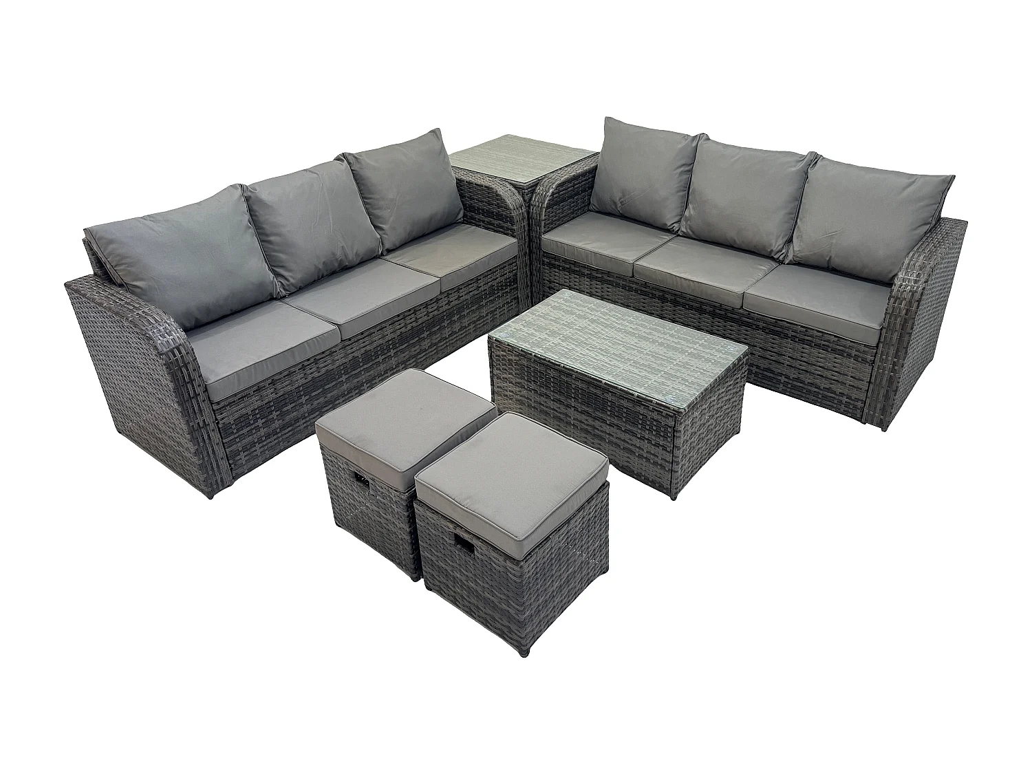 Ensemble de meubles de jardin en polyrotin 8 places avec Table basse rectangulaire Canapé 3 places Table d'appoint 2 Petits tabourets Gris foncé mixte