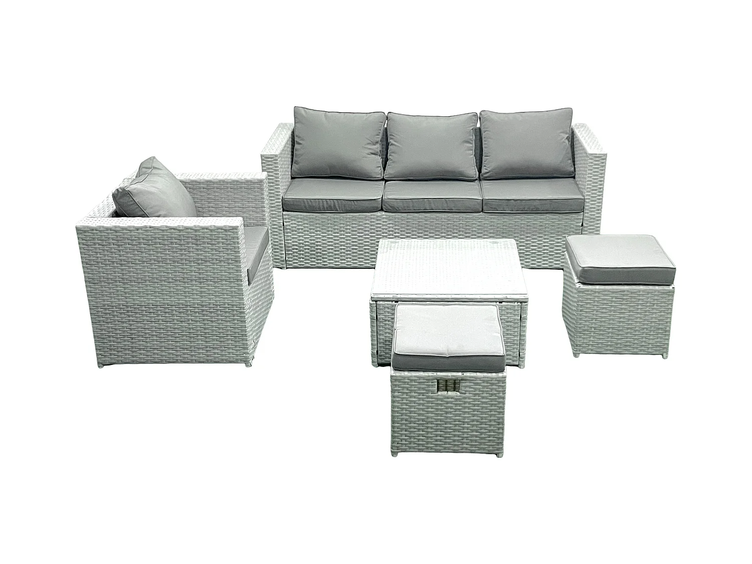 6-Sitzer Polyrattan Gartenmöbel Set mit 3-Sitzer Sofa Sessel Quadratischer Couchtisch 2 Großer Hockern Hellgrau gemischt