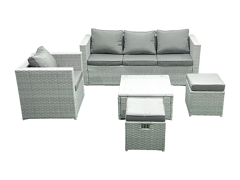 6-Sitzer Polyrattan Gartenmöbel Set mit 3-Sitzer Sofa Sessel Quadratischer Couchtisch 2 Großer Hockern Hellgrau gemischt