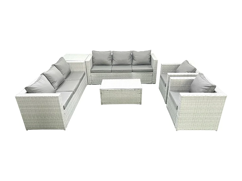 Salon de Jardin en rotin avec 2 Fauteuil Table basse oblongue Table d'appoint Gris clair mixte