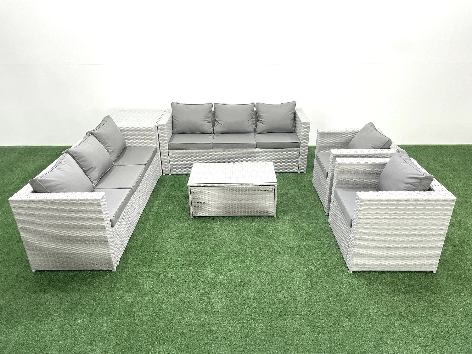 Rattan Sofa Gartenmöbel Set mit 2 Sesseln Rechteckiger Couchtisch Beistelltisch Hellgrau gemischt