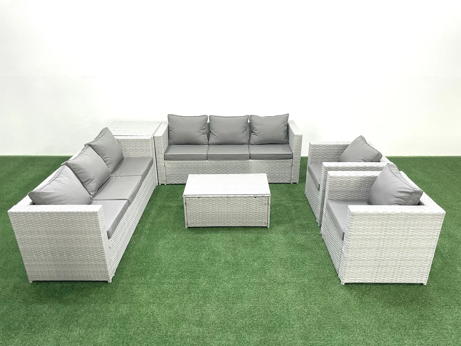 Rattan Sofa Gartenmöbel Set mit 2 Sesseln Rechteckiger Couchtisch Beistelltisch Hellgrau gemischt