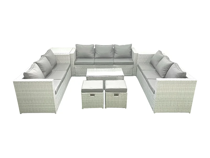 Gartenmöbel im Freien Polyrattan 11-Sitzer Garten Sofa Couchtisch Set mit 2 kleinen Hockern Beistelltisch Hellgrau gemischt