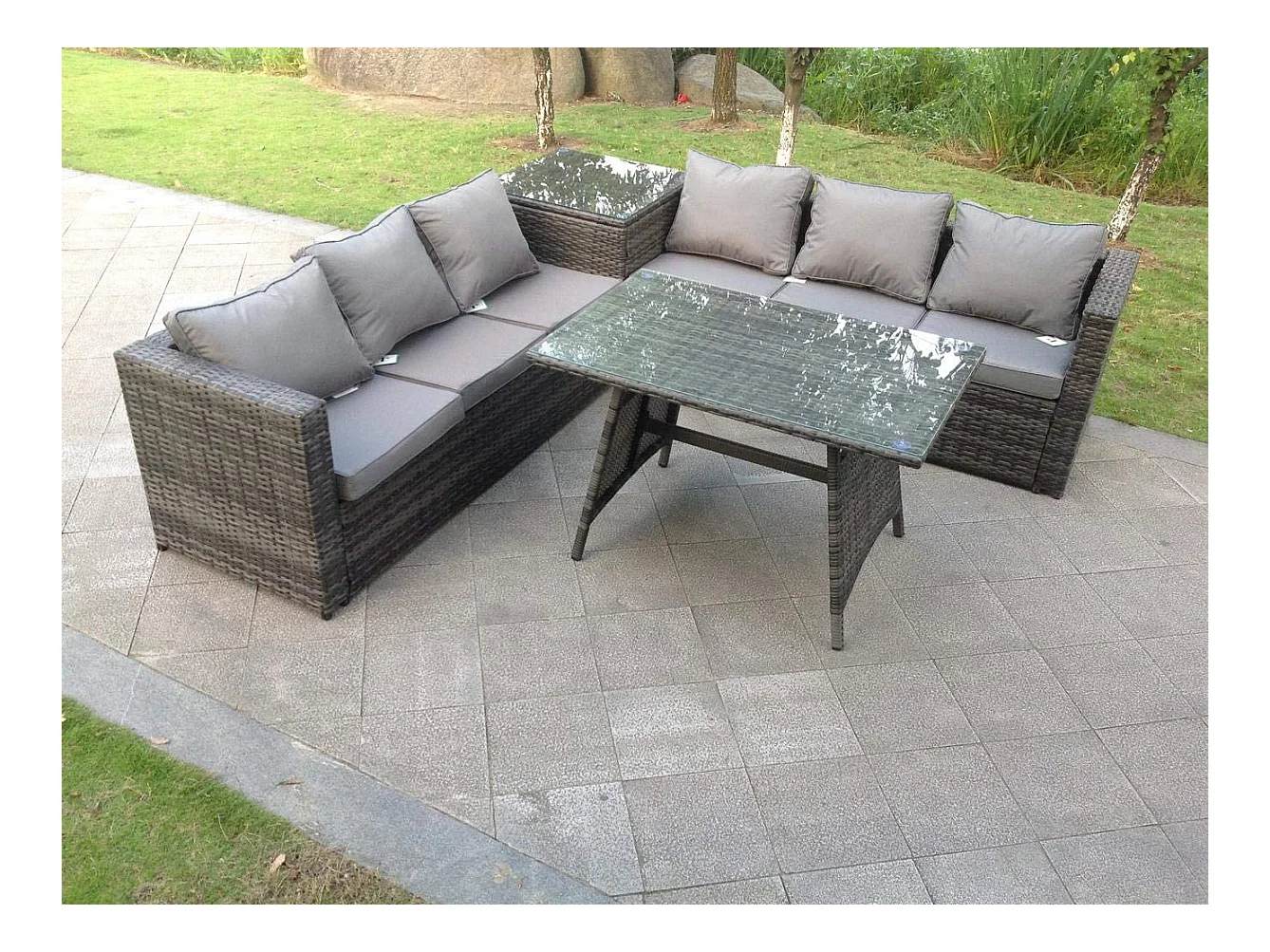 6 places Gris foncé mixte Salon de Jardin Extérieur en Résine avec 2 Tables