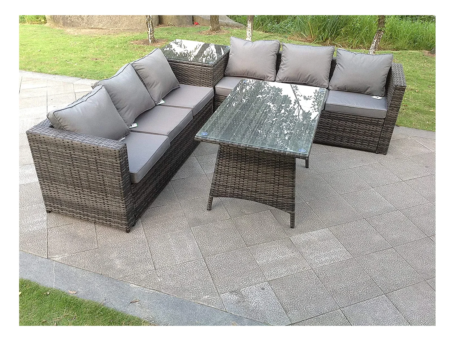 6 places Gris foncé mixte Salon de Jardin Extérieur en Résine avec 2 Tables