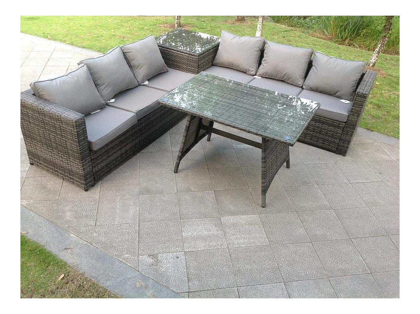 6 places Gris foncé mixte Salon de Jardin Extérieur en Résine avec 2 Tables