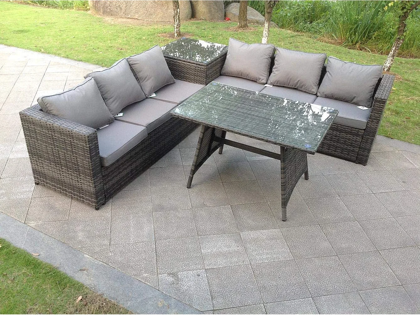 6-Sitzer Grau Rattan Sofa Esstisch Set mit Beistelltisch Gartenmöbel Outdoor