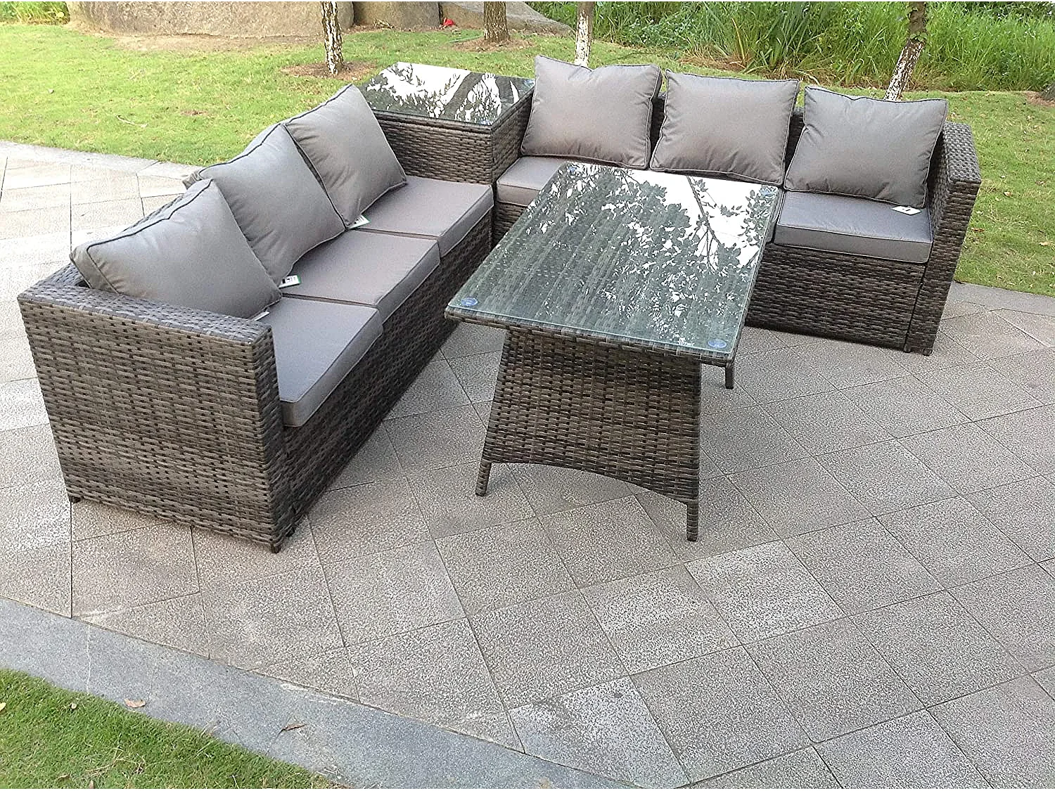6-Sitzer Grau Rattan Sofa Esstisch Set mit Beistelltisch Gartenmöbel Outdoor