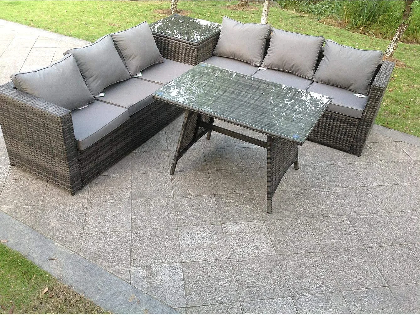 6-Sitzer Grau Rattan Sofa Esstisch Set mit Beistelltisch Gartenmöbel Outdoor