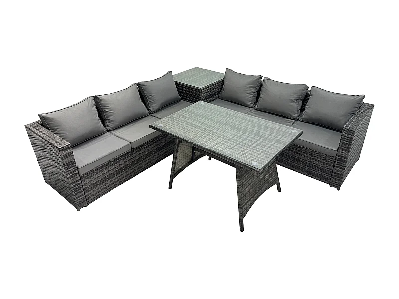 6-Sitzer Grau Rattan Sofa Esstisch Set mit Beistelltisch Gartenmöbel Outdoor
