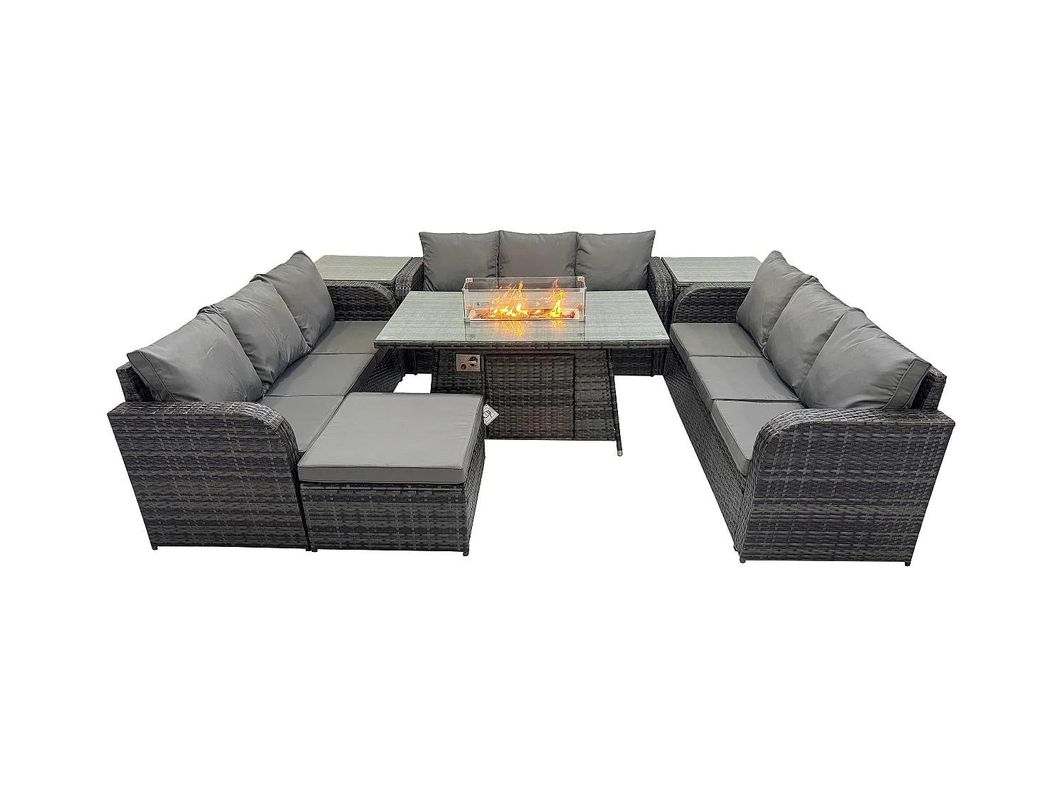 Salon de Jardin en Résine Ensemble Repas de Jardin Exterieur Table de foyer à gaz avec 2 Tables d'appoint Canapé Lounge Grand tabouret Gris foncé mixte