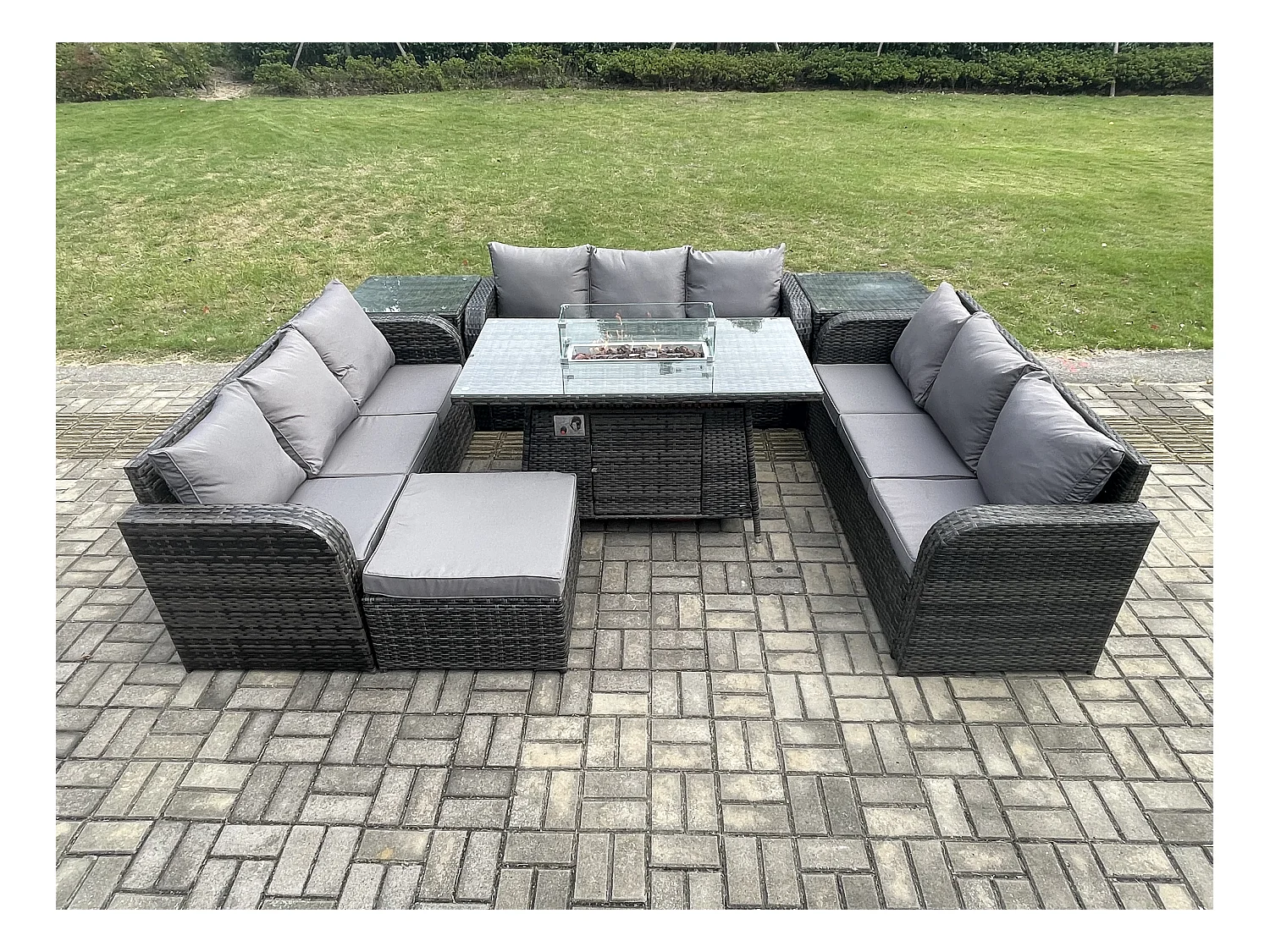 Salon de Jardin en Résine Ensemble Repas de Jardin Exterieur Table de foyer à gaz avec 2 Tables d'appoint Canapé Lounge Grand tabouret Gris foncé mixte