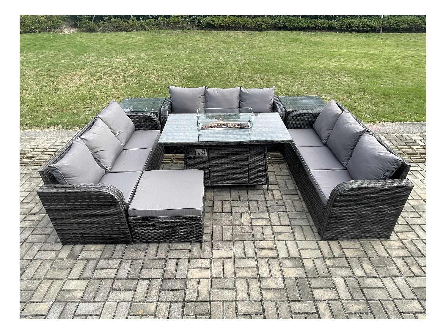 Salon de Jardin en Résine Ensemble Repas de Jardin Exterieur Table de foyer à gaz avec 2 Tables d'appoint Canapé Lounge Grand tabouret Gris foncé mixte