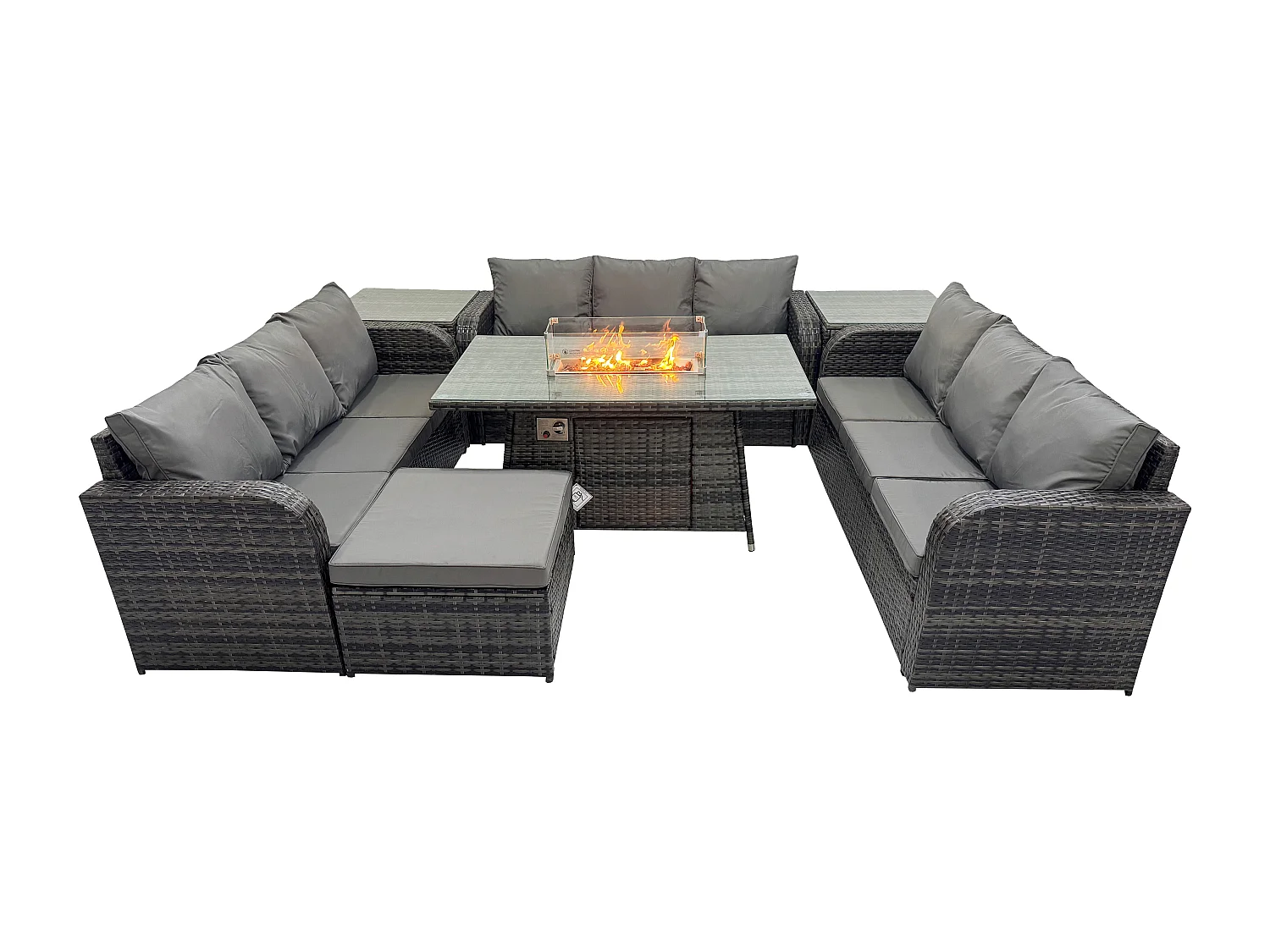 Salon de Jardin en Résine Ensemble Repas de Jardin Exterieur Table de foyer à gaz avec 2 Tables d'appoint Canapé Lounge Grand tabouret Gris foncé mixte