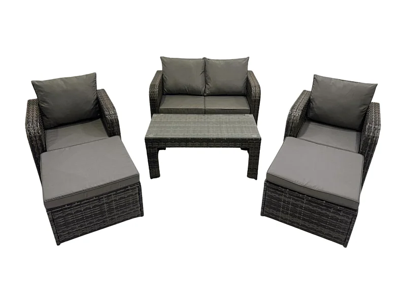 6-Sitzer Hoher Rücken Rattan Gartenmöbel Sets mit Rechteckiger Couchtisch Liegestühle Love Sofa 2 hohen Hockern