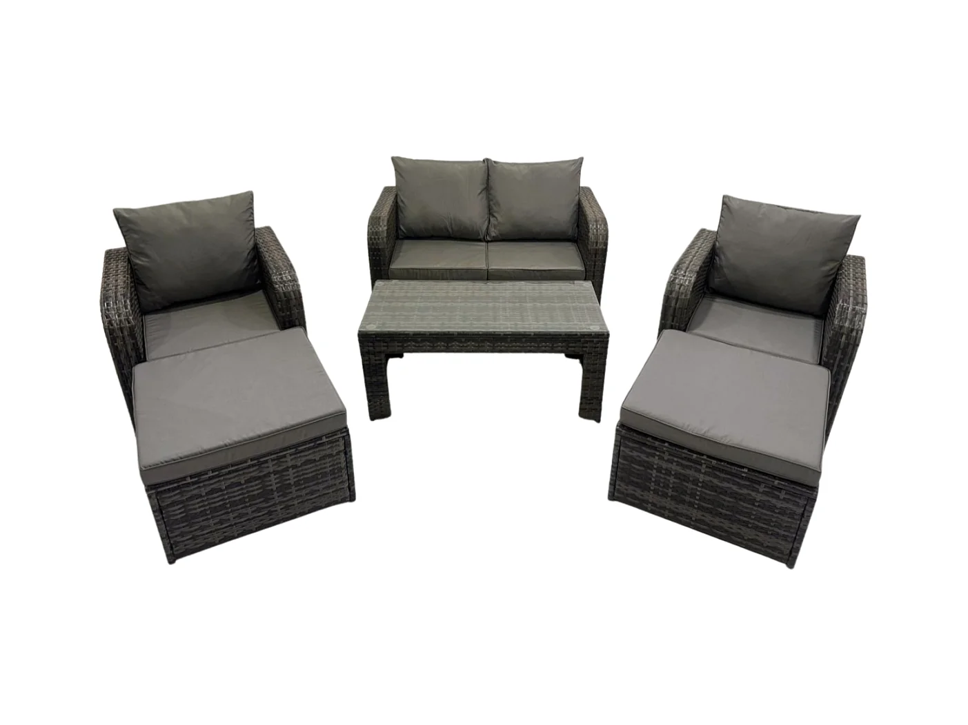 6-Sitzer Hoher Rücken Rattan Gartenmöbel Sets mit Rechteckiger Couchtisch Liegestühle Love Sofa 2 hohen Hockern