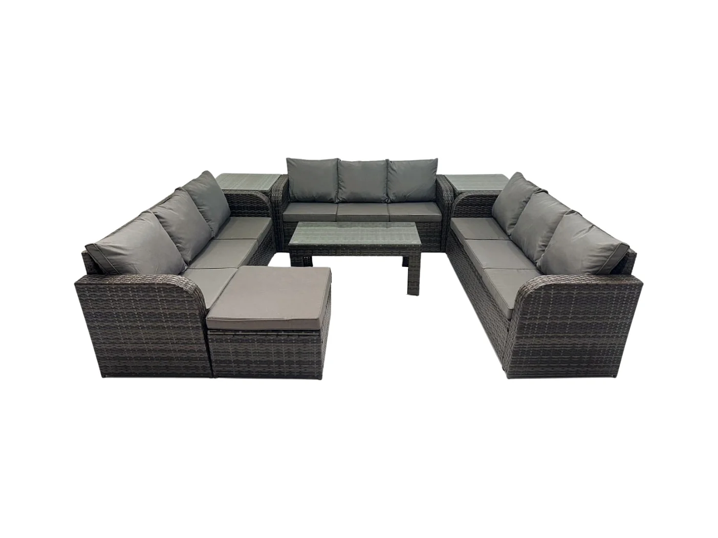 10-Sitzer Polyrattan Gartenmöbel Set Patio Sofa Set mit Couchtisch 2 Beistelltischen 2 Großer Hockern Dunkelgrau Gemischt