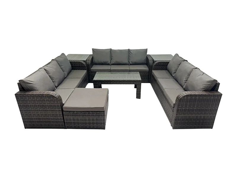 10 places Salon de jardin Meubles de jardin avec Table basse 2 Tables d'appoint Grand tabouret Gris foncé mixte