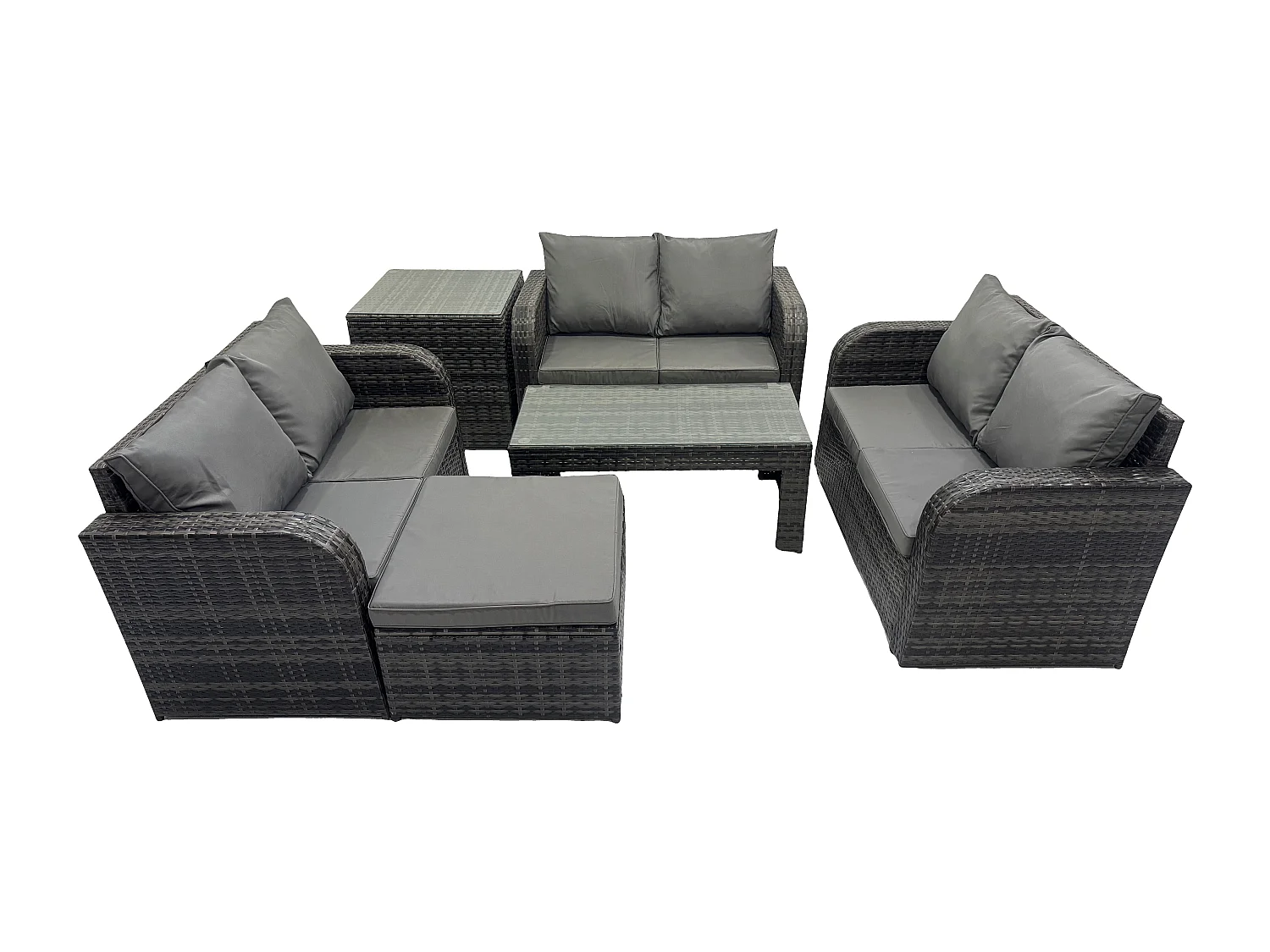 Polyrattan Gartenmöbel Set 7-Sitzer Patio Sofa Set mit Couchtisch Loveseat Sofa 2 Großer Hockern Beistelltisch Dunkelgrau Gemischt