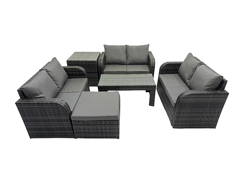 Polyrattan Gartenmöbel Set 7-Sitzer Patio Sofa Set mit Couchtisch Loveseat Sofa 2 Großer Hockern Beistelltisch Dunkelgrau Gemischt