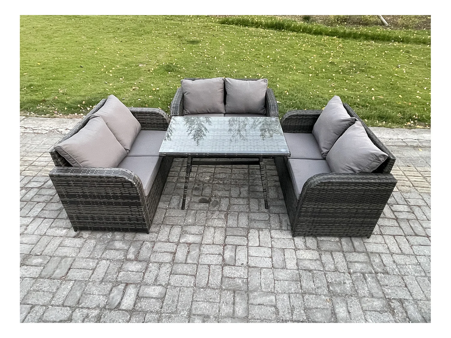Polyrattan Gartenmöbel Set 6-Sitzer Gartensofa Set mit Rechteckiger Esstisch Dunkelgrau Gemischt