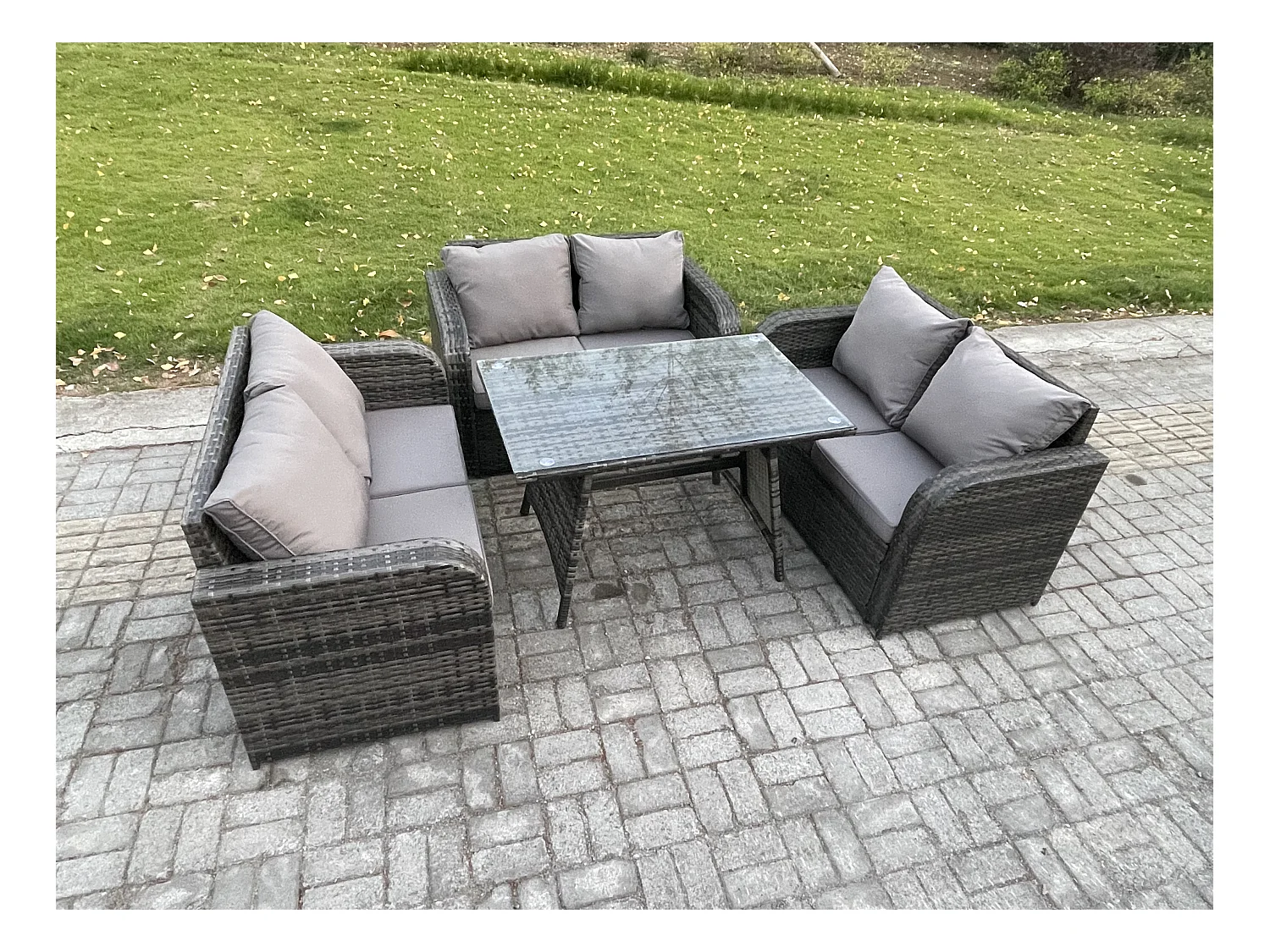 Polyrattan Gartenmöbel Set 6-Sitzer Gartensofa Set mit Rechteckiger Esstisch Dunkelgrau Gemischt