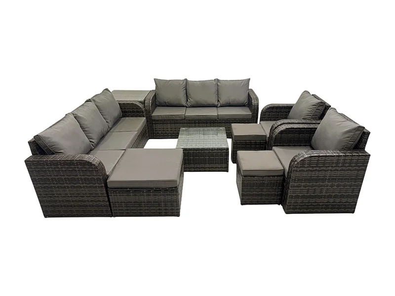 Hoher Rücken Polyrattan Gartenmöbel Set mit Quadratischer Couchtisch 3 Hockern Beistelltisch Garten Lounge Set Dunkelgrau Gemischt