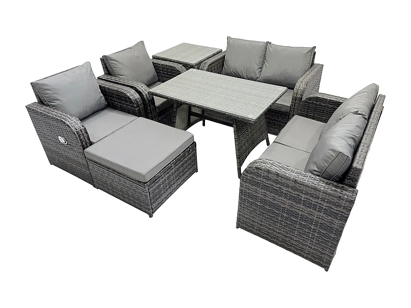 Ensemble de canapé en rotin extérieur avec Table à manger rectangulaire Grand tabouret Table d'appoint Gris foncé mixte