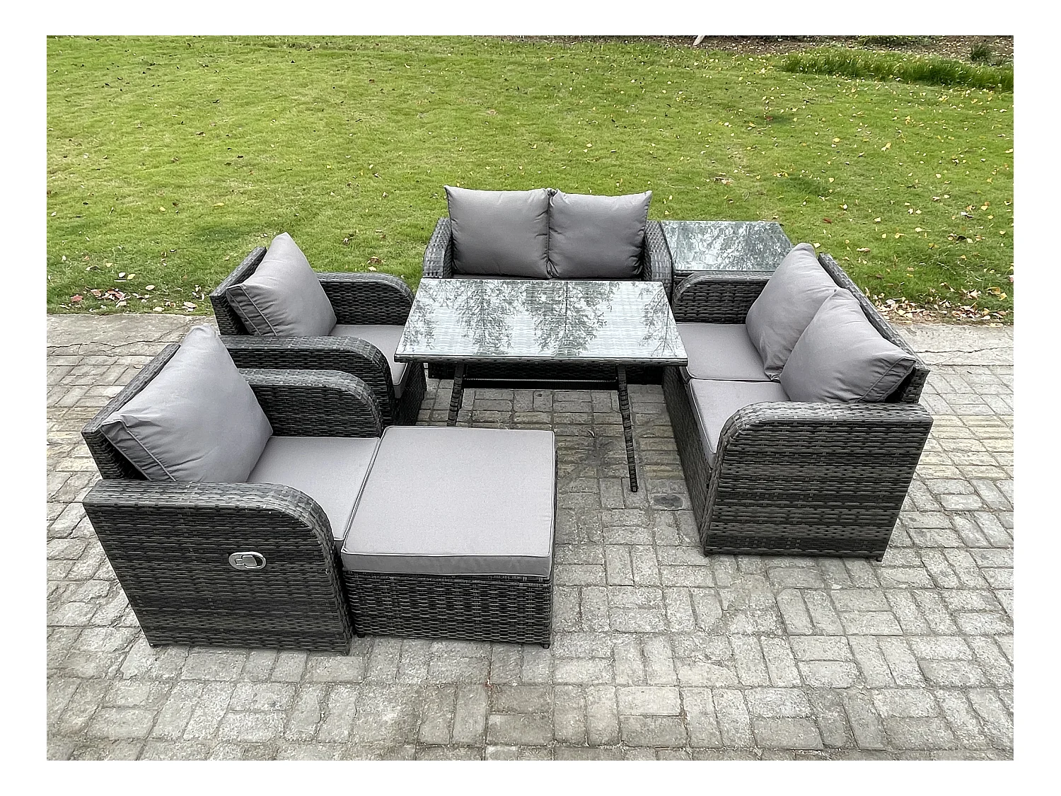 Ensemble de canapé en rotin extérieur avec Table à manger rectangulaire Grand tabouret Table d'appoint Gris foncé mixte