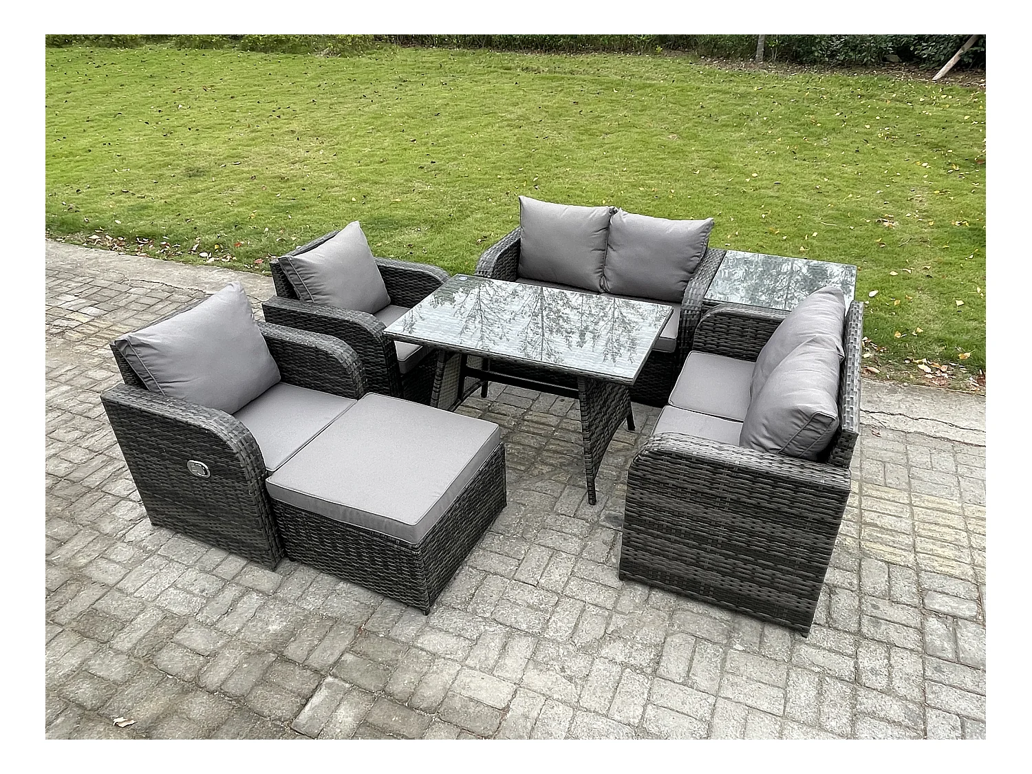 Ensemble de canapé en rotin extérieur avec Table à manger rectangulaire Grand tabouret Table d'appoint Gris foncé mixte