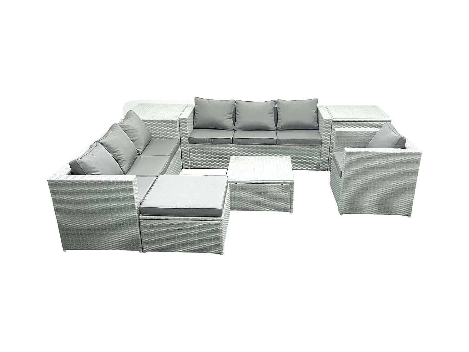 Meubles d'extérieur en rotin avec Fauteuil Table basse carrée Grand tabouret 2 Tables d'appoint Gris clair mixte