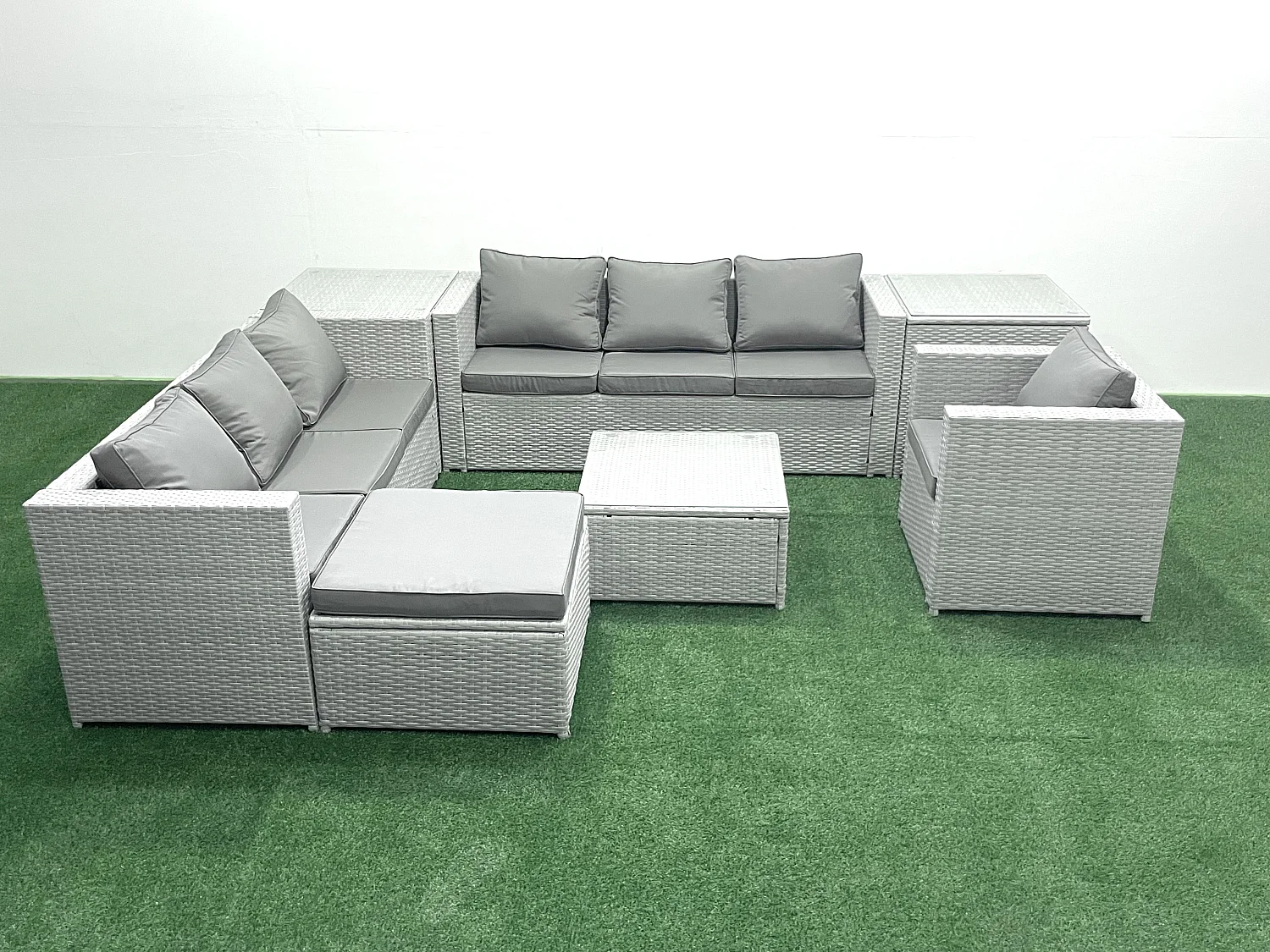 Meubles d'extérieur en rotin avec Fauteuil Table basse carrée Grand tabouret 2 Tables d'appoint Gris clair mixte