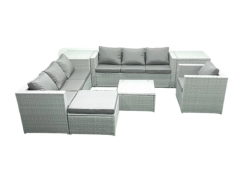 Meubles d'extérieur en rotin avec Fauteuil Table basse carrée Grand tabouret 2 Tables d'appoint Gris clair mixte