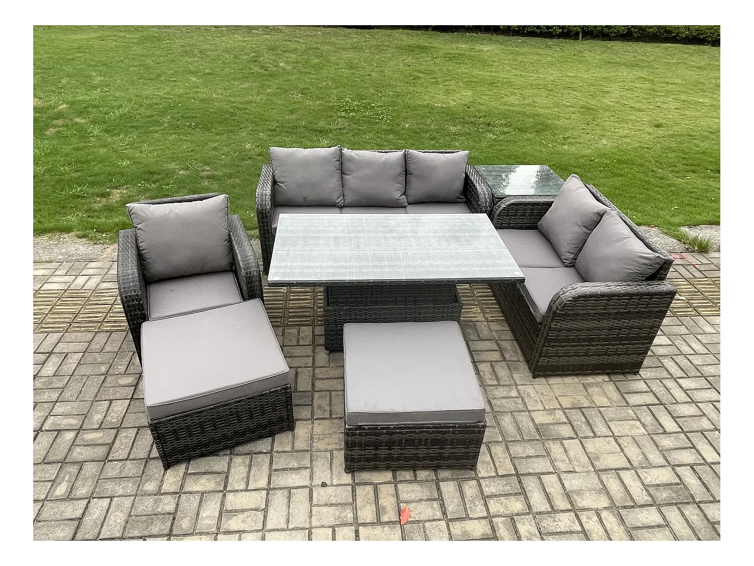 Ensemble Repas de Jardin Exterieur Table à manger réglable en hauteur Chaise inclinable Canapé avec Tables d'appoint 2 Grand tabourets Gris foncé mixte