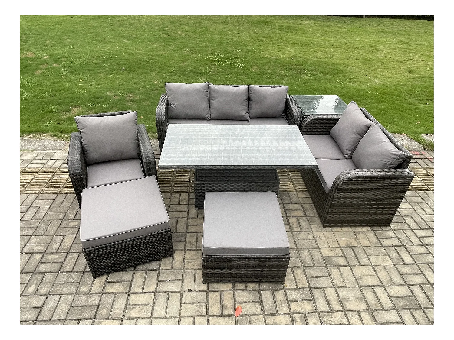 Ensemble Repas de Jardin Exterieur Table à manger réglable en hauteur Chaise inclinable Canapé avec Tables d'appoint 2 Grand tabourets Gris foncé mixte