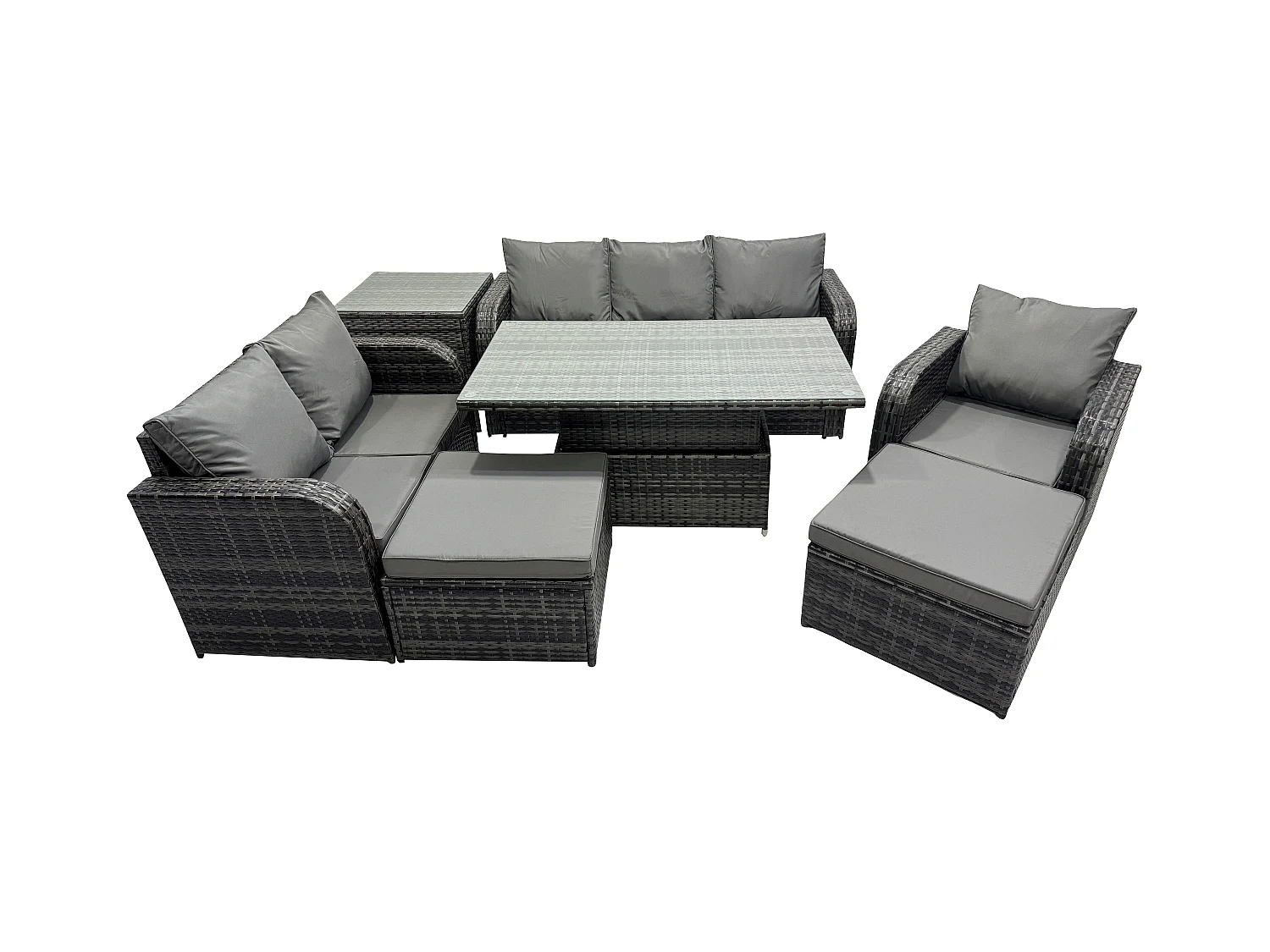 Gartenmöbel Lounge Sofa Set Patio höhenverstellbarer Tisch Liegestühle Sofa mit Beistelltischen 2 hohen Hockern Dunkelgrau Gemischt