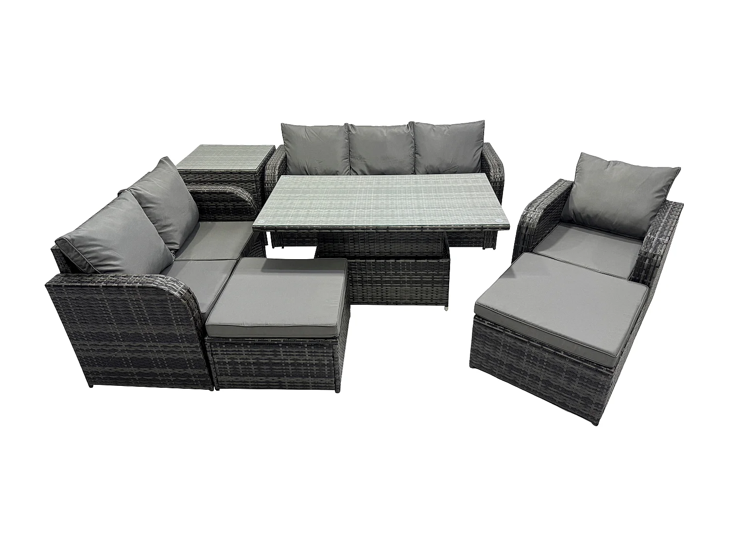 Ensemble Repas de Jardin Exterieur Table à manger réglable en hauteur Chaise inclinable Canapé avec Tables d'appoint 2 Grand tabourets Gris foncé mixte