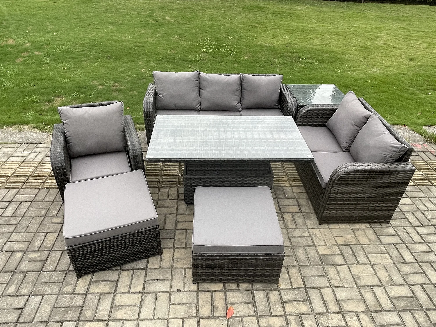 Ensemble Repas de Jardin Exterieur Table à manger réglable en hauteur Chaise inclinable Canapé avec Tables d'appoint 2 Grand tabourets Gris foncé mixte